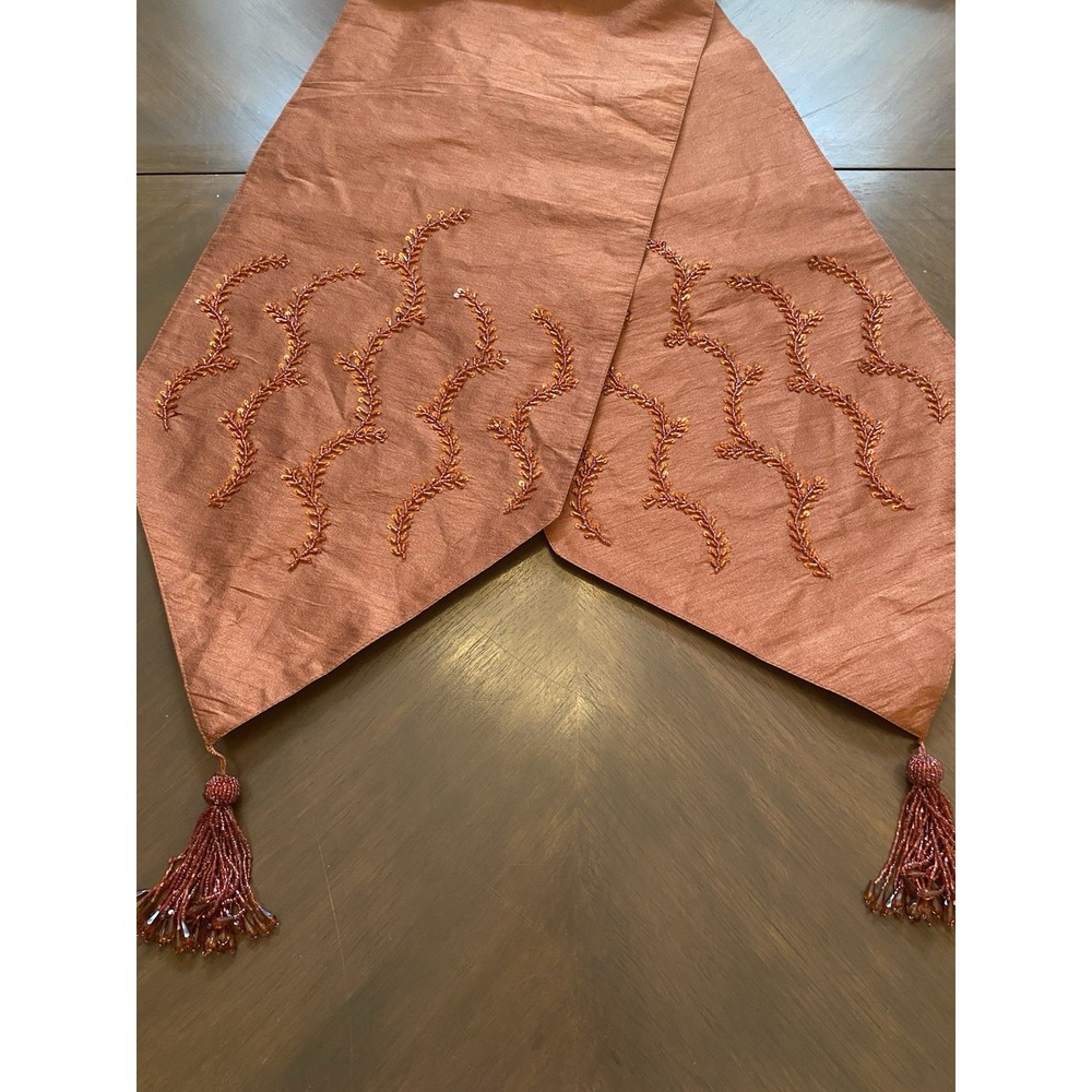 Hobby Lobby Table Runner 13"x 72" Rust/orange  With Beaded Tassels And Sequins‎
